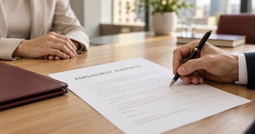 An employment agreement being reviewed and signed at an office meeting table