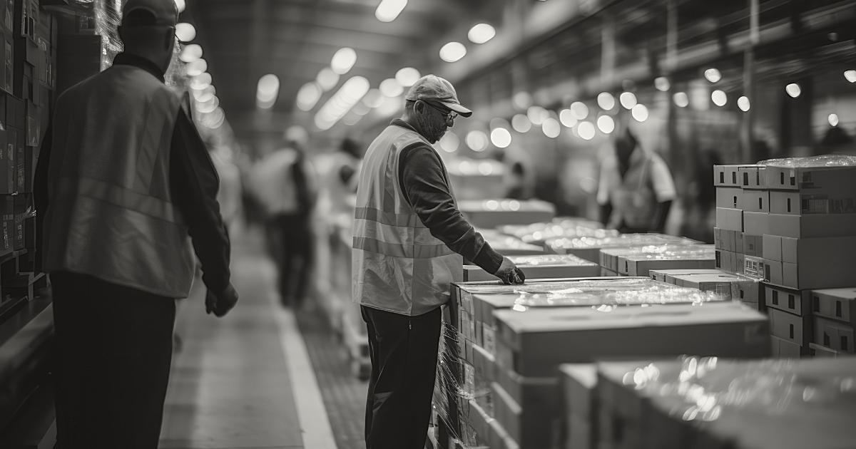 Workers wearing yellow hard hats and high visibility vests gathered in a warehouse