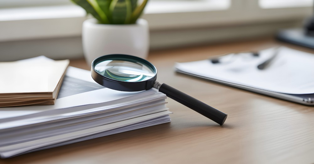 A magnifying glass resting on workplace investigation documents